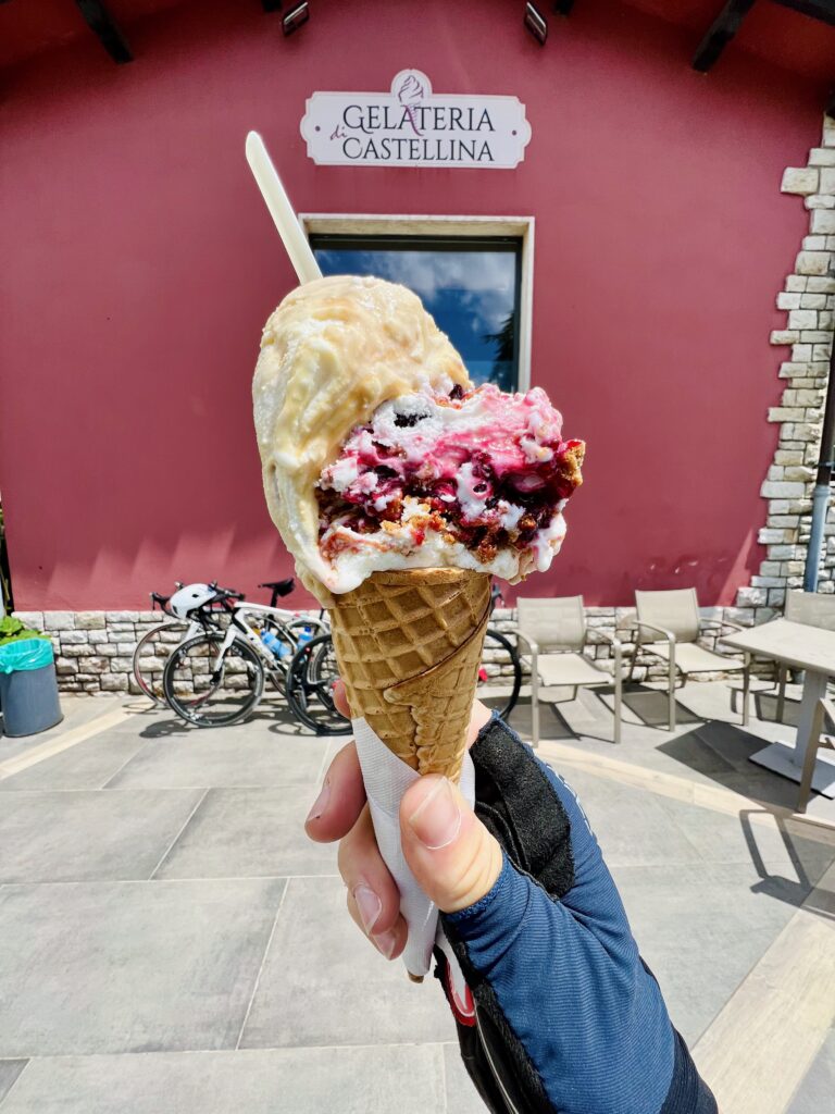 An artisinal gelato in front of the gelateria in Castellina in Chianti